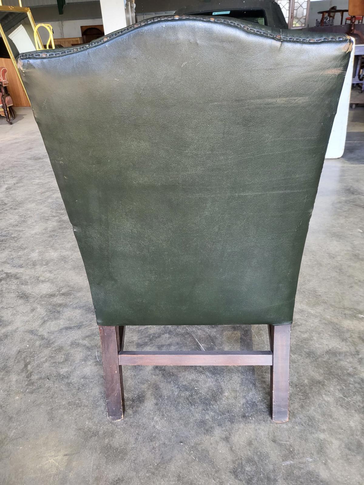 Antique repro green leather button back open armchair