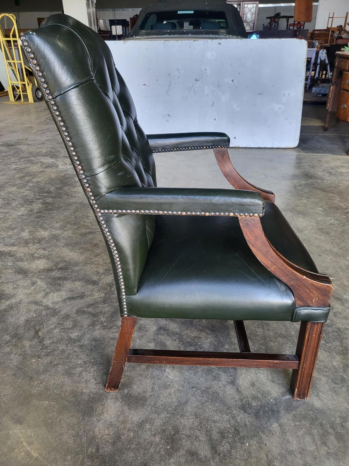 Antique repro green leather button back open armchair