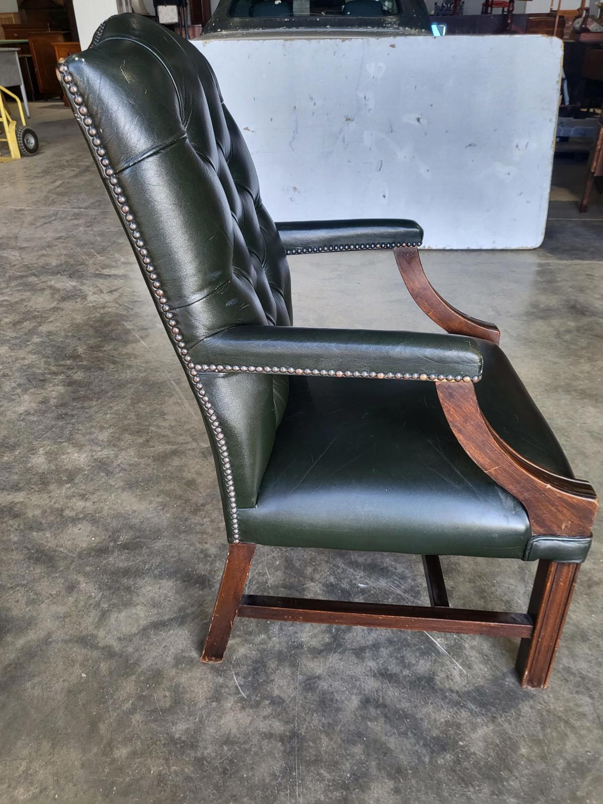 Antique repro green leather button back open armchair