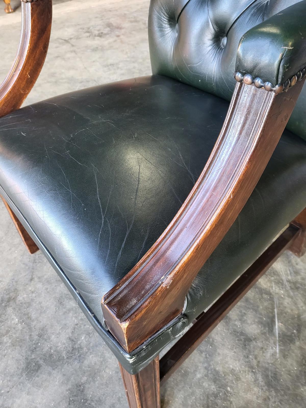 Antique repro green leather button back open armchair