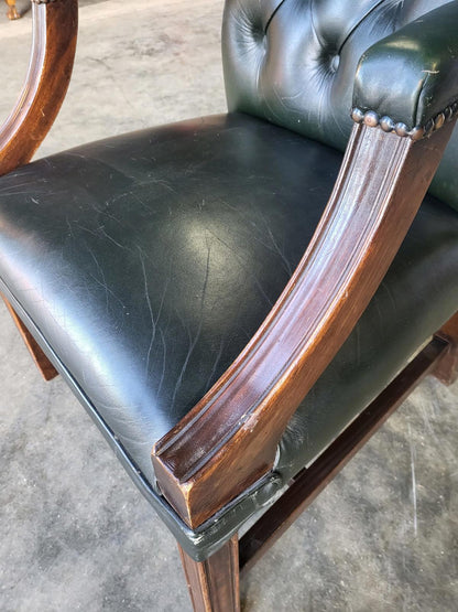 Antique repro green leather button back open armchair