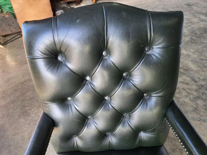 Antique repro green leather button back open armchair