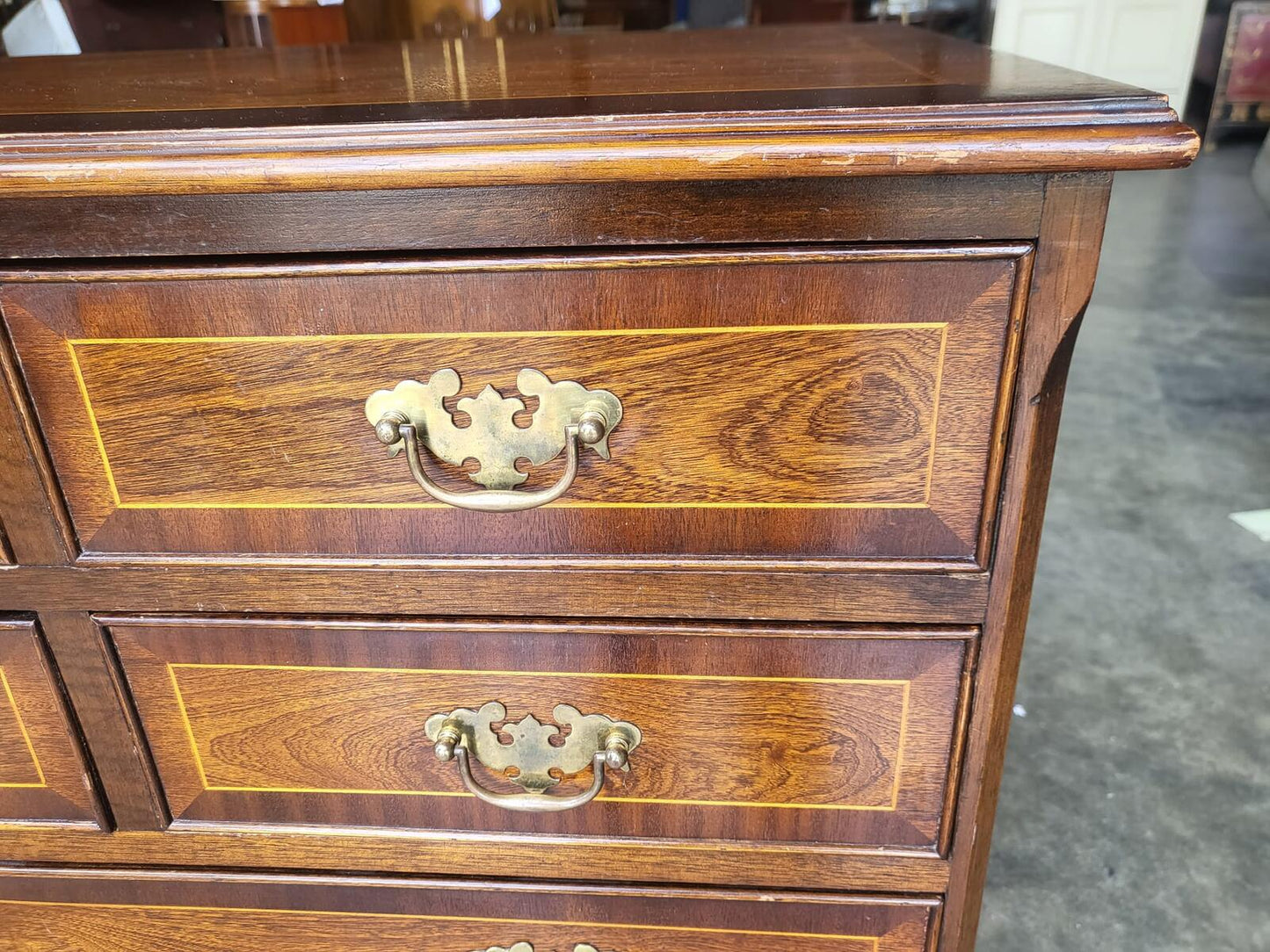 Antique repro inlaid 4 over 4 chest of drawers bracket feet