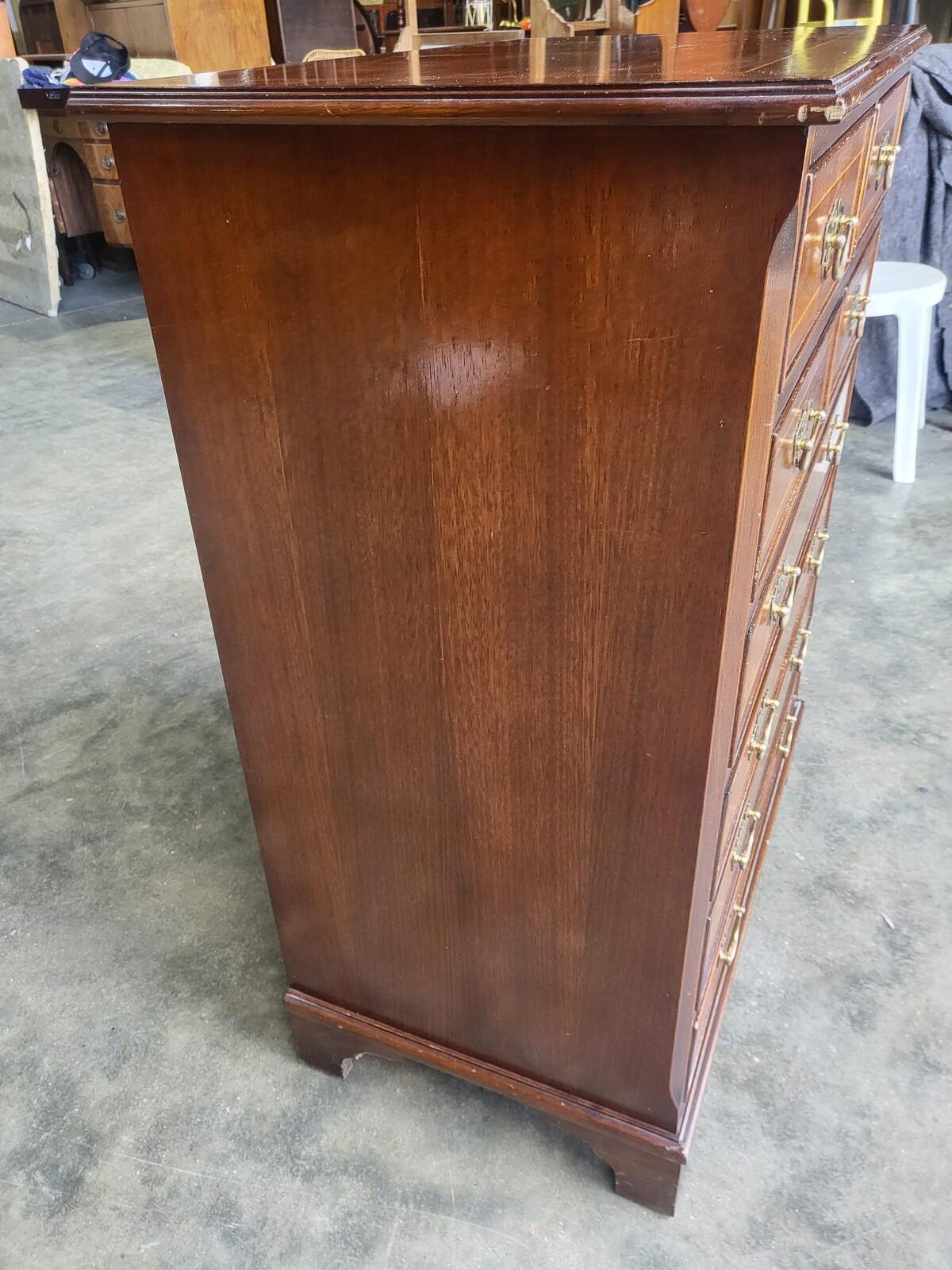 Antique repro inlaid 4 over 4 chest of drawers bracket feet