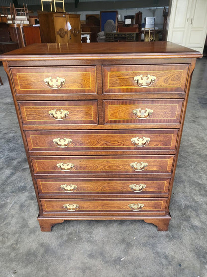 Antique repro inlaid 4 over 4 chest of drawers bracket feet