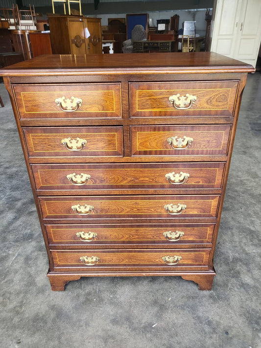 Antique repro inlaid 4 over 4 chest of drawers bracket feet