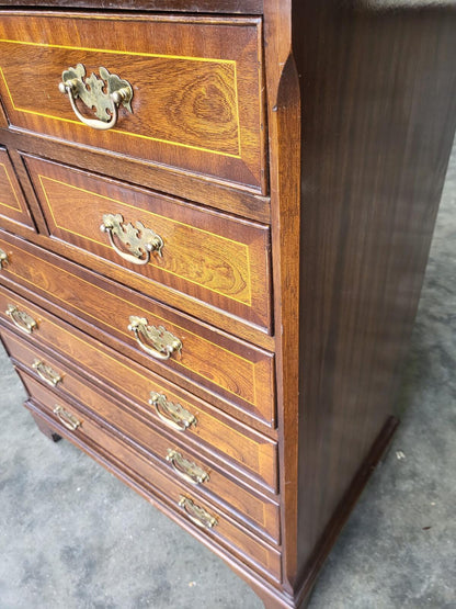 Antique repro inlaid 4 over 4 chest of drawers bracket feet