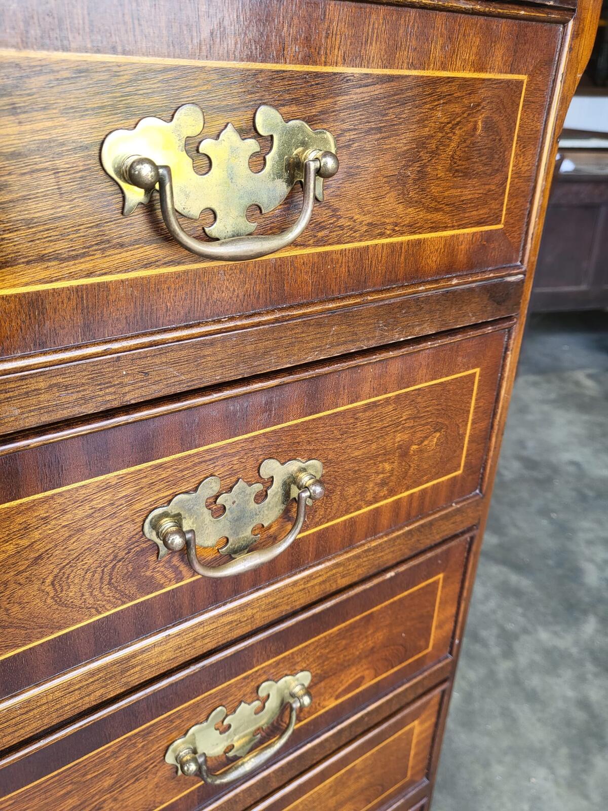 Antique repro inlaid 4 over 4 chest of drawers bracket feet