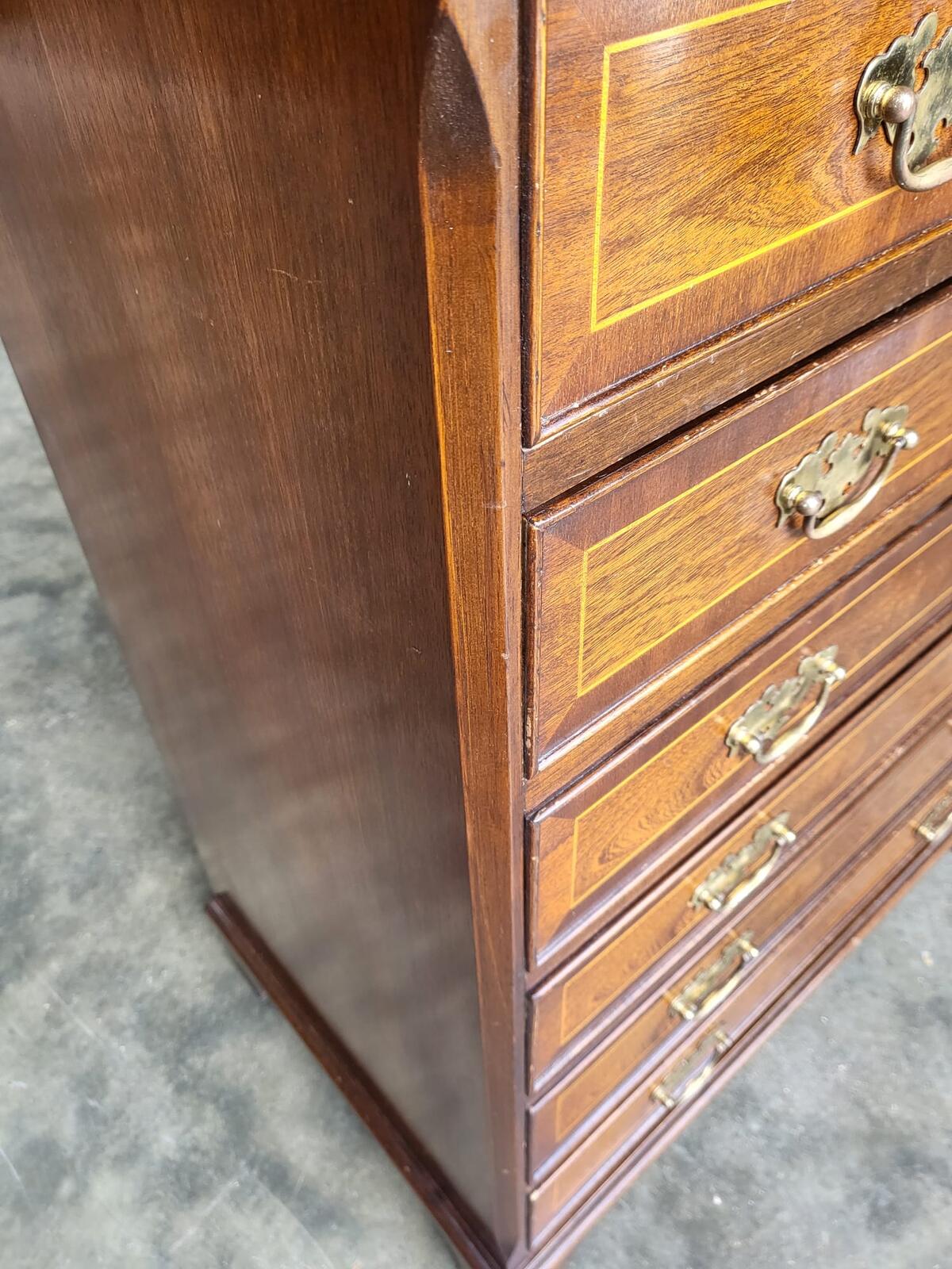 Antique repro inlaid 4 over 4 chest of drawers bracket feet
