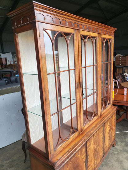 Antique repro large 3 door glazed bookcase cabinet shelves