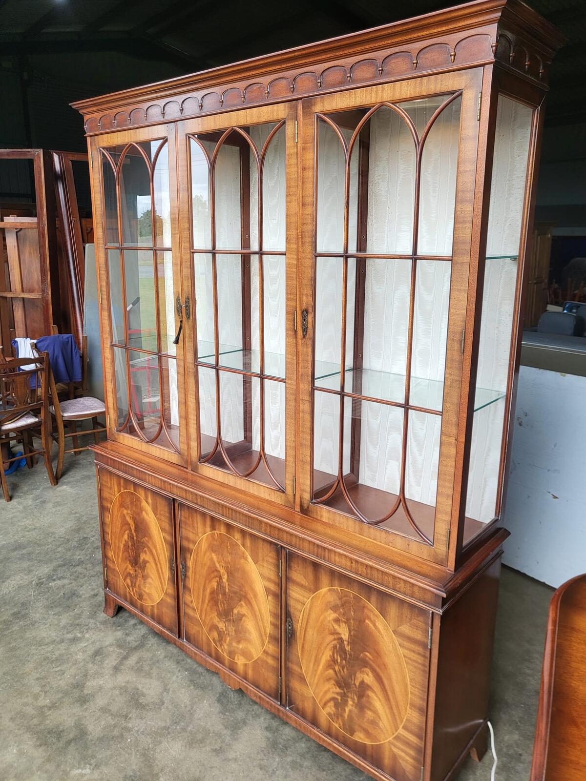 Antique repro large 3 door glazed bookcase cabinet shelves