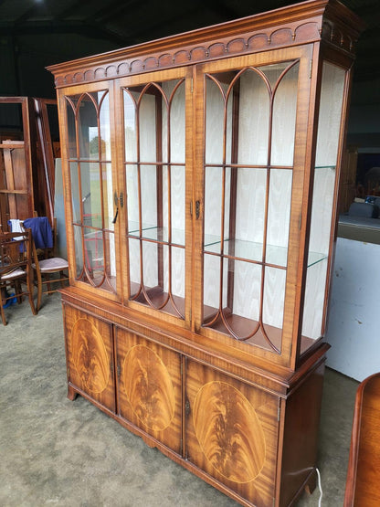 Antique repro large 3 door glazed bookcase cabinet shelves