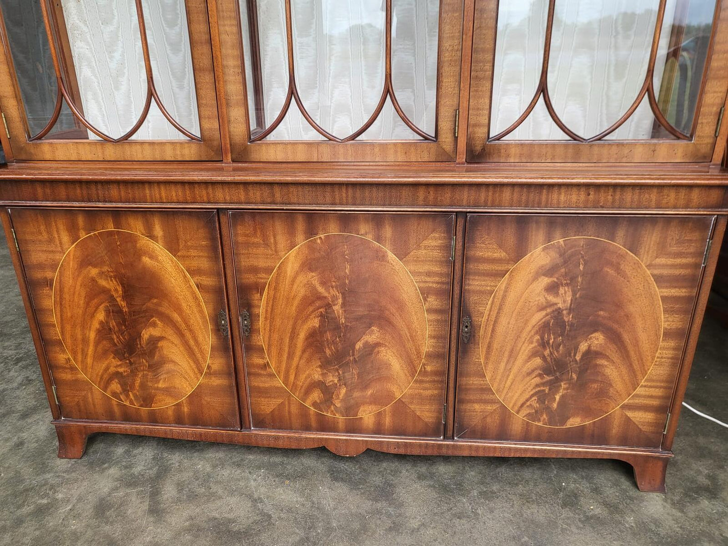 Antique repro large 3 door glazed bookcase cabinet shelves