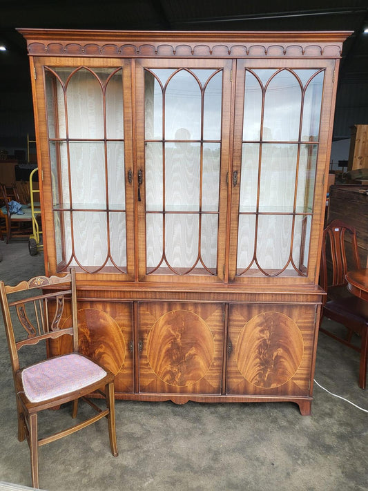 Antique repro large 3 door glazed bookcase cabinet shelves