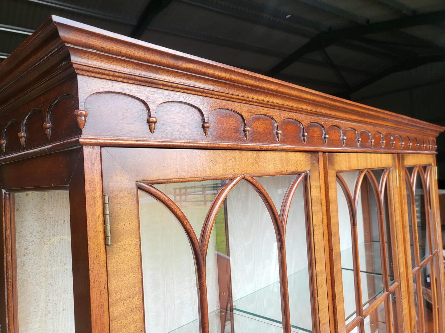Antique repro large 3 door glazed bookcase cabinet shelves