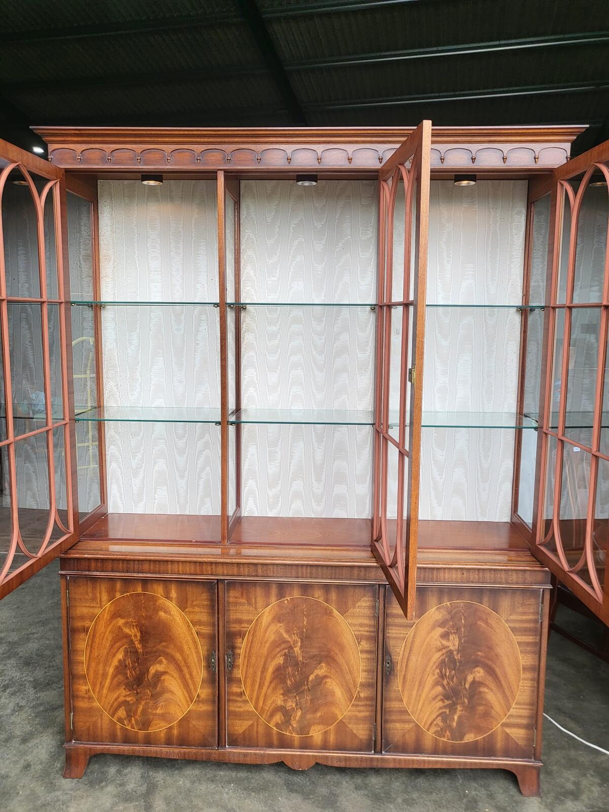 Antique repro large 3 door glazed bookcase cabinet shelves