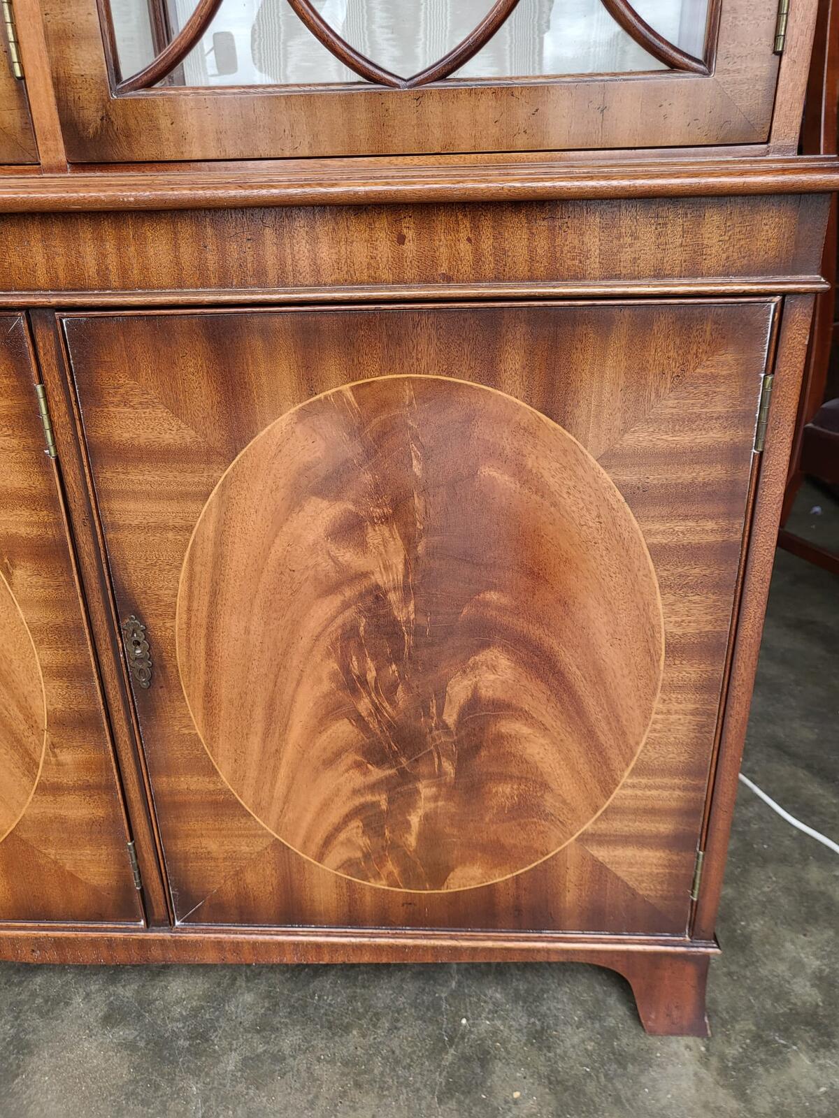 Antique repro large 3 door glazed bookcase cabinet shelves