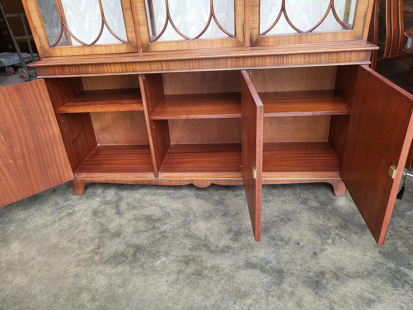 Antique repro large 3 door glazed bookcase cabinet shelves