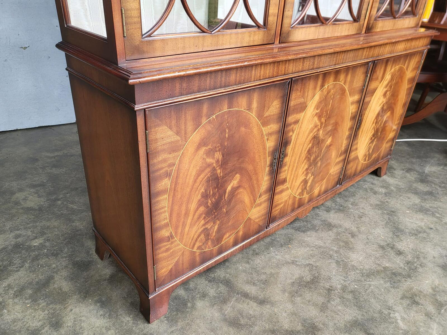 Antique repro large 3 door glazed bookcase cabinet shelves