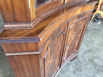 Antique repro large mahogany concave glazed corner cabinet