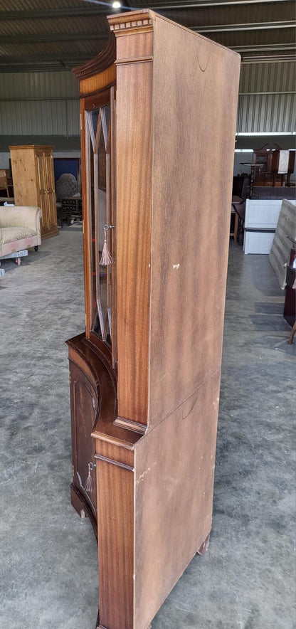 Antique repro large mahogany concave glazed corner cabinet