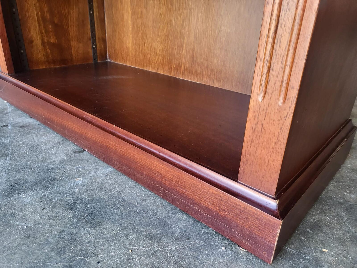 Antique repro mahogany large open bookcase adjustable shelves
