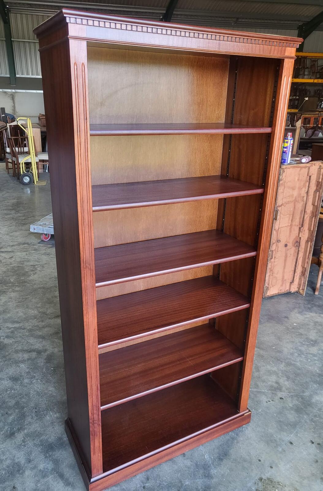Antique repro mahogany large open bookcase adjustable shelves