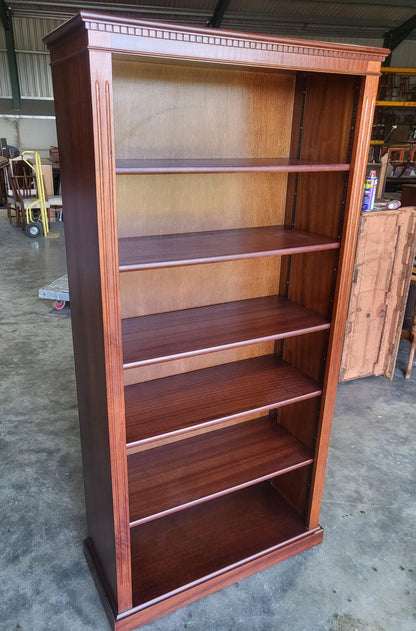 Antique repro mahogany large open bookcase adjustable shelves