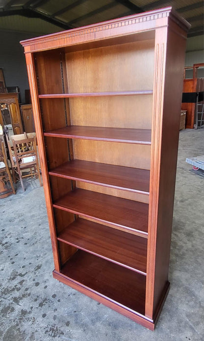 Antique repro mahogany large open bookcase adjustable shelves