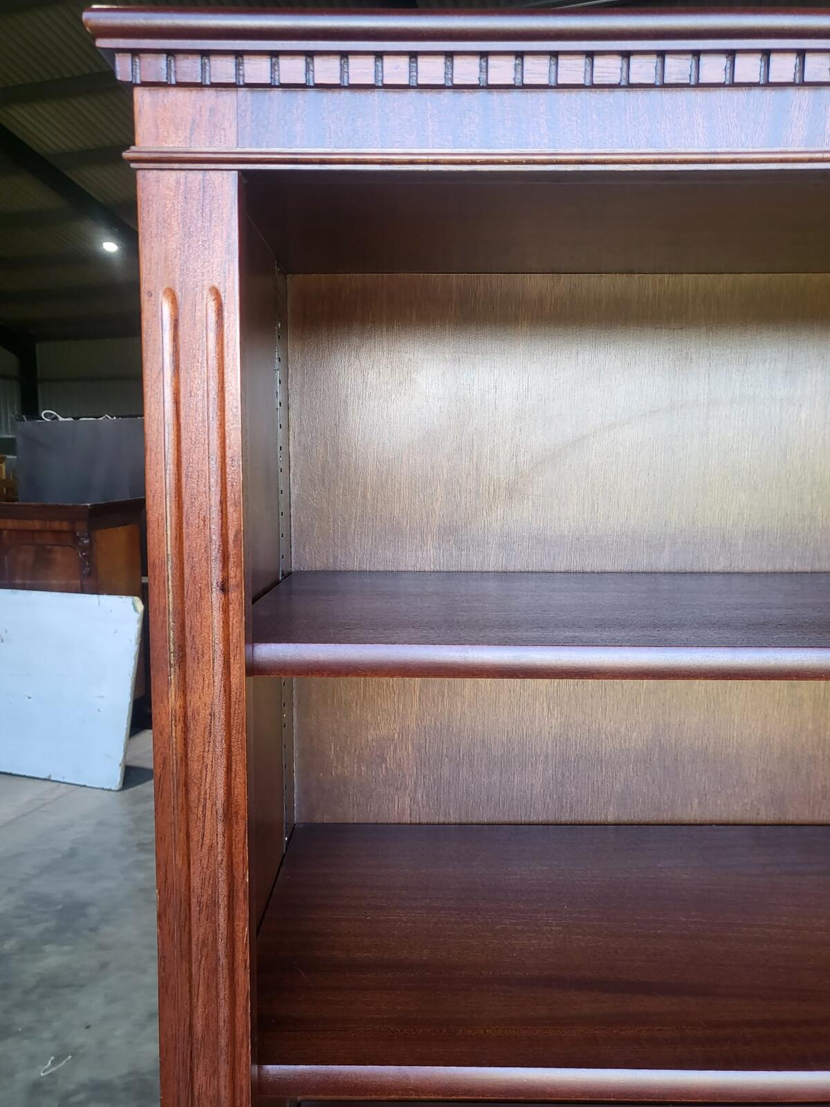 Antique repro mahogany large open bookcase adjustable shelves