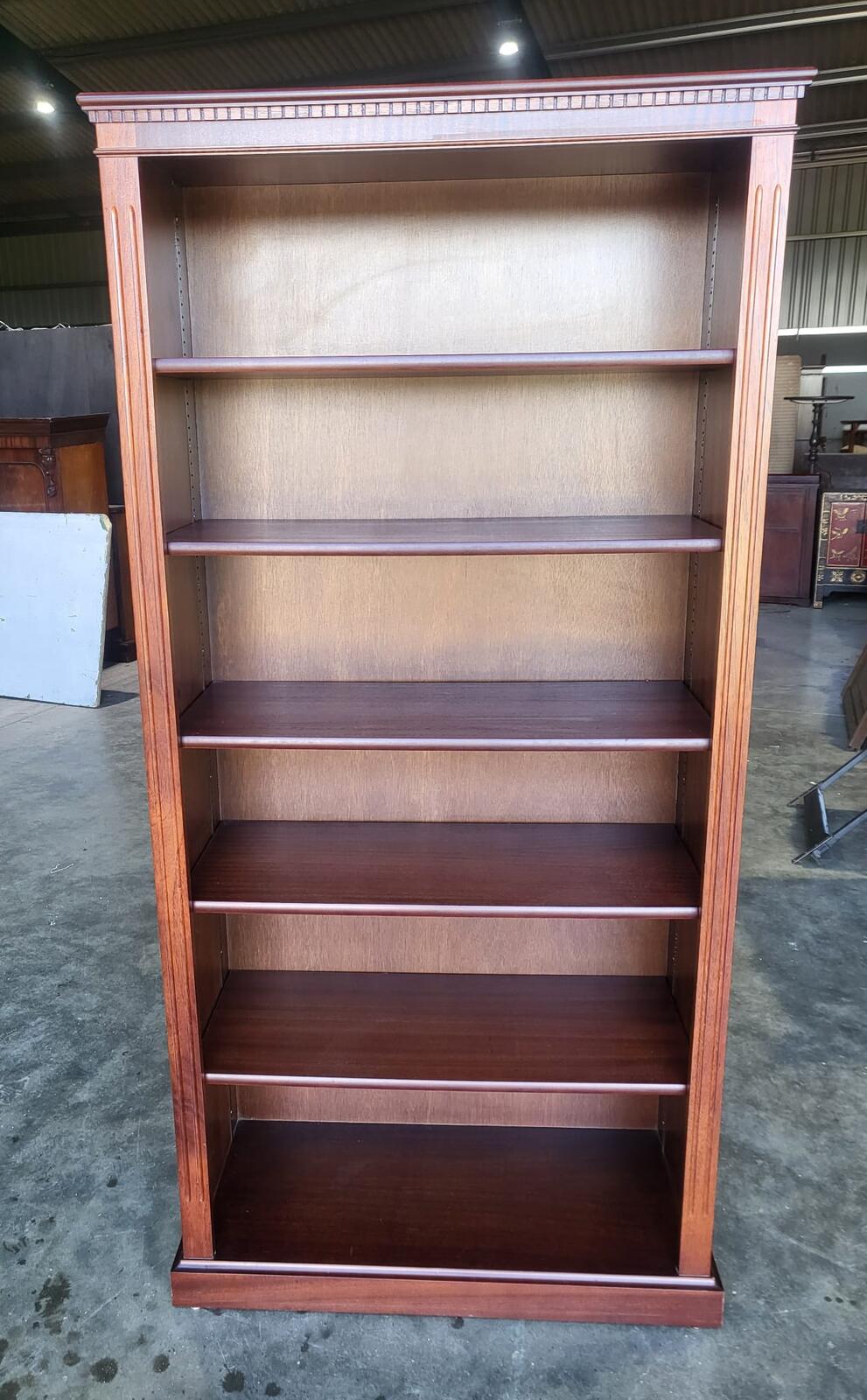Antique repro mahogany large open bookcase adjustable shelves
