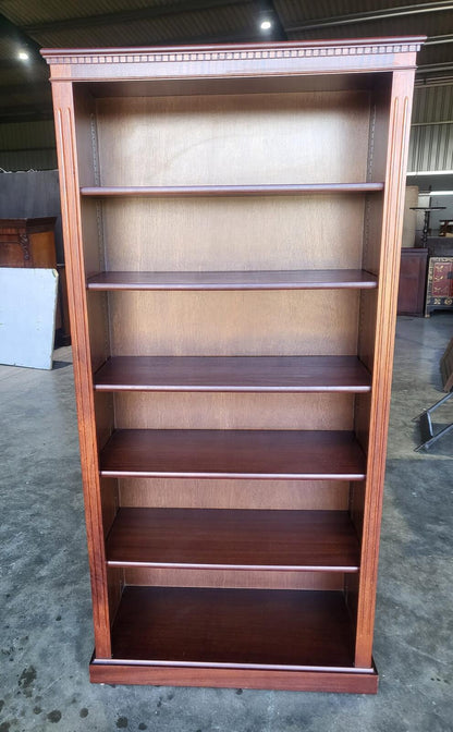 Antique repro mahogany large open bookcase adjustable shelves