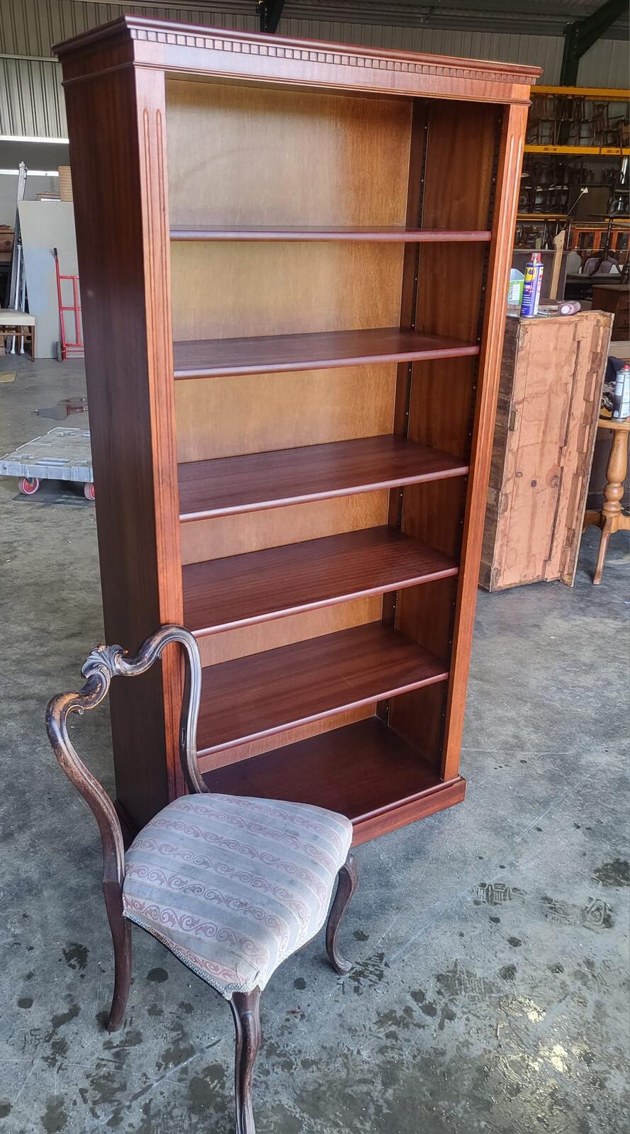 Antique repro mahogany large open bookcase adjustable shelves