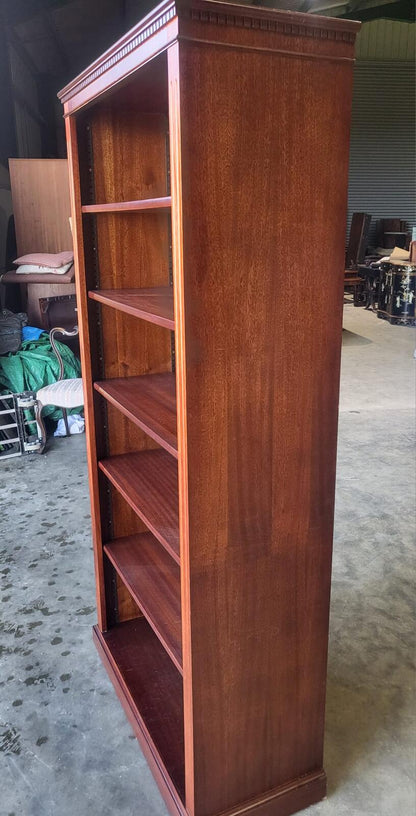 Antique repro mahogany large open bookcase adjustable shelves