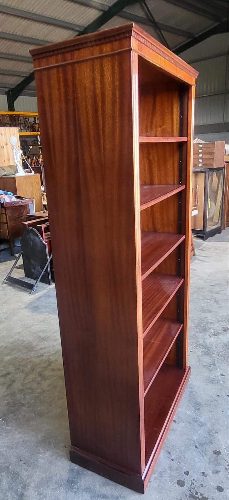 Antique repro mahogany large open bookcase adjustable shelves