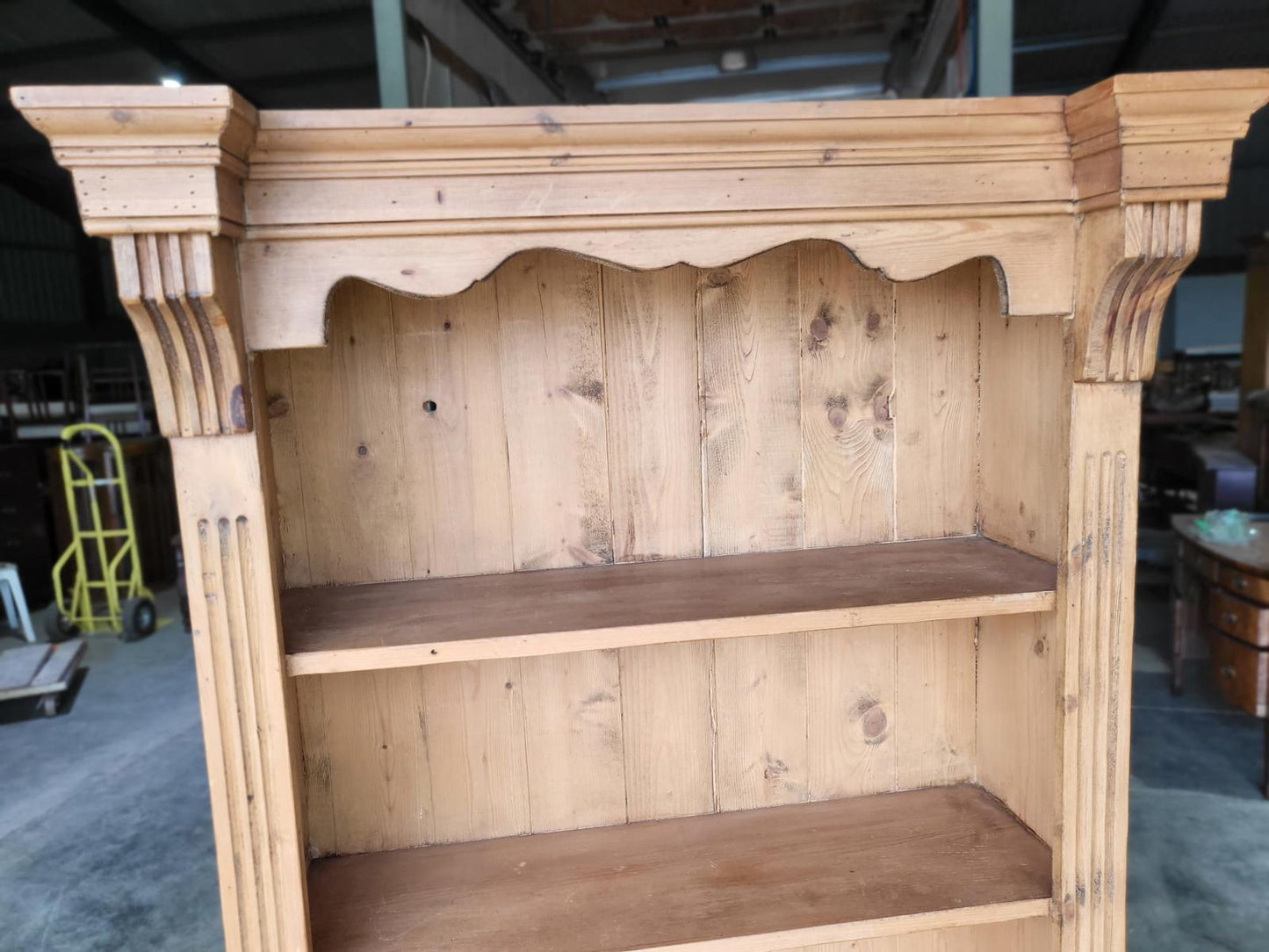 Antique repro pine open slim bookcase cornice plinth