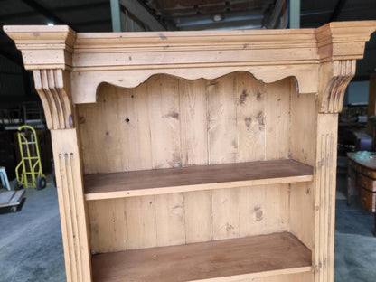 Antique repro pine open slim bookcase cornice plinth
