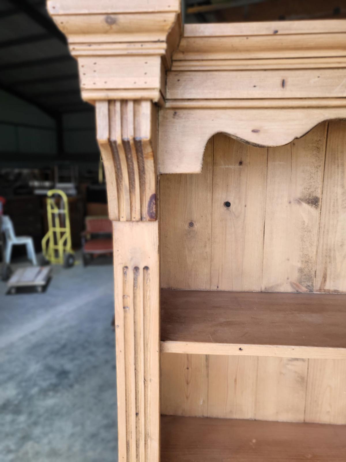 Antique repro pine open slim bookcase cornice plinth