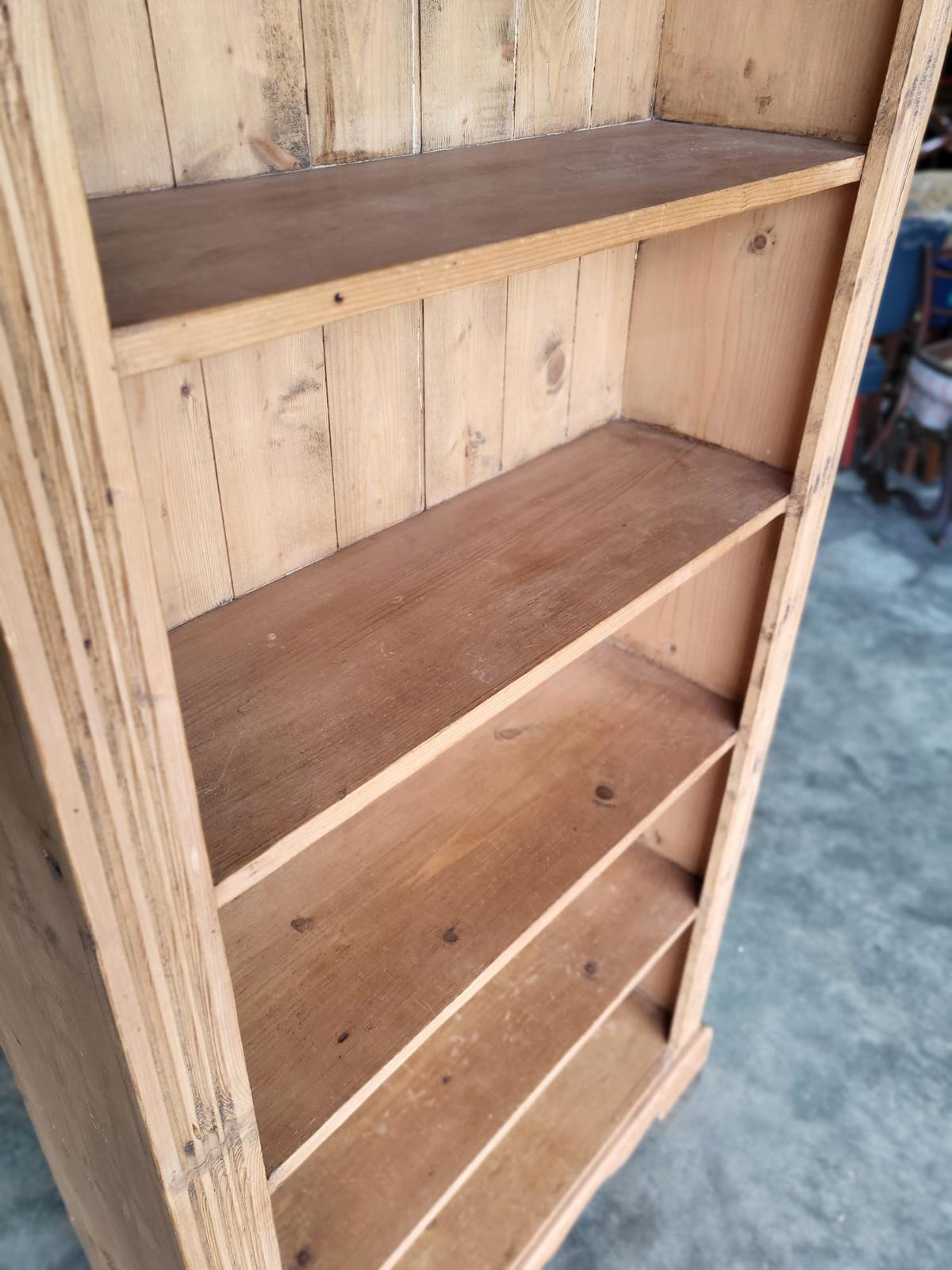 Antique repro pine open slim bookcase cornice plinth