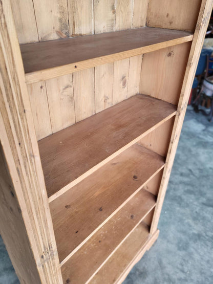 Antique repro pine open slim bookcase cornice plinth