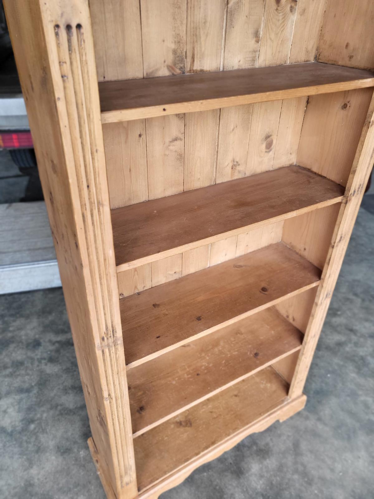 Antique repro pine open slim bookcase cornice plinth