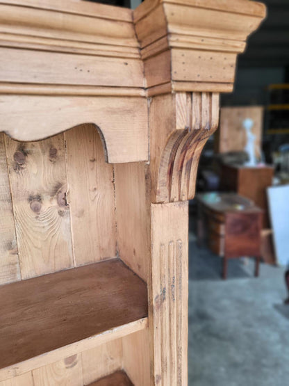Antique repro pine open slim bookcase cornice plinth