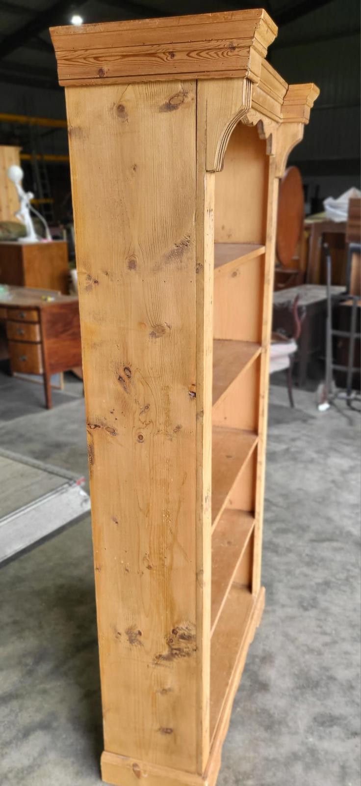 Antique repro pine open slim bookcase cornice plinth