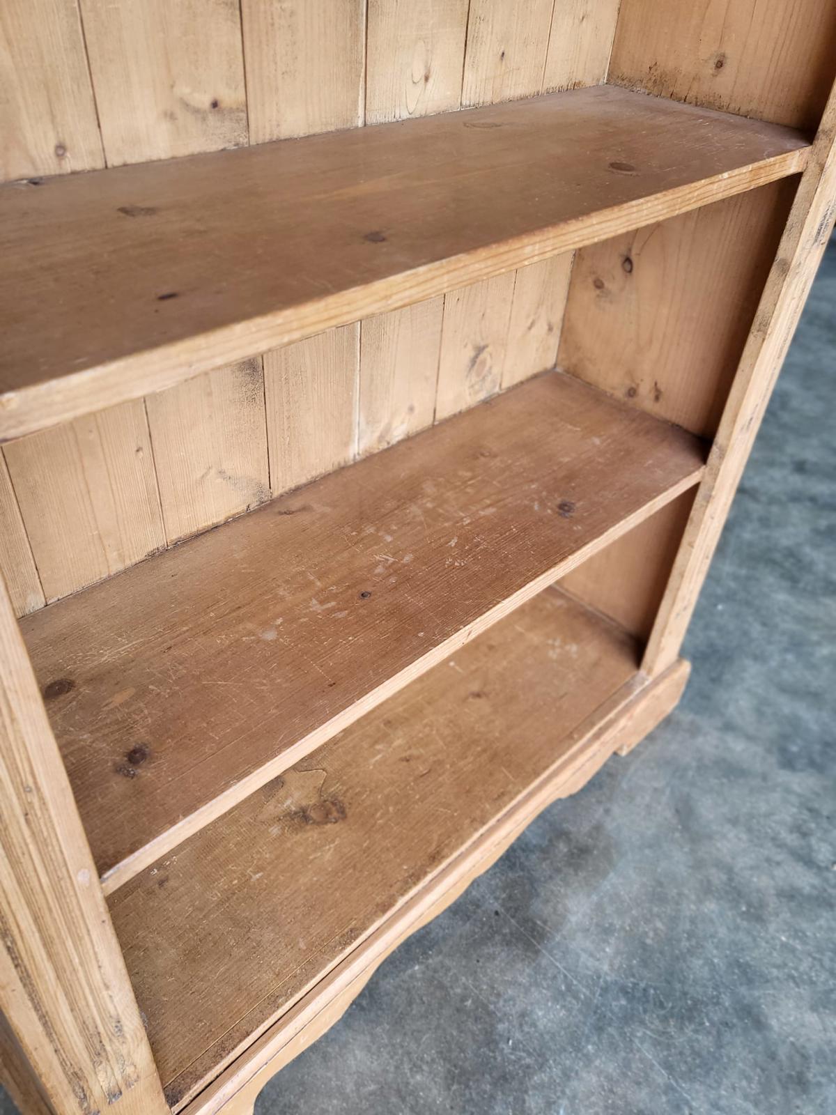 Antique repro pine open slim bookcase cornice plinth