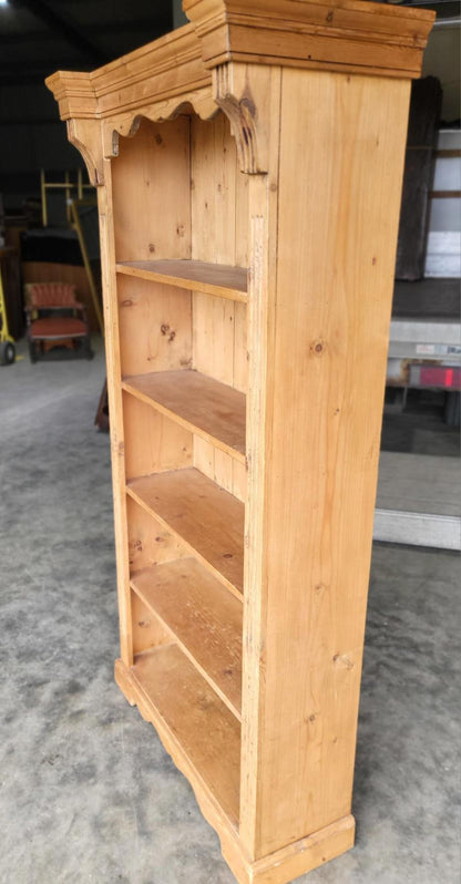 Antique repro pine open slim bookcase cornice plinth