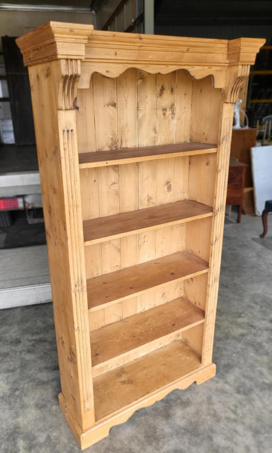 Antique repro pine open slim bookcase cornice plinth
