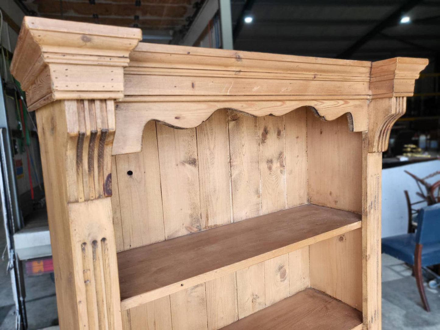 Antique repro pine open slim bookcase cornice plinth
