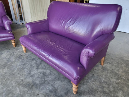 Antique repro leather 2 seat sofa 2 x armchairs wood legs