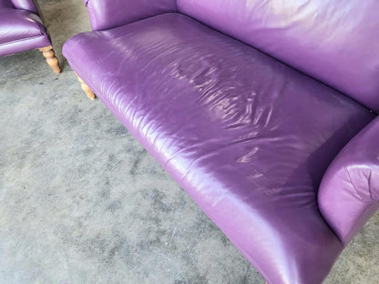 Antique repro leather 2 seat sofa 2 x armchairs wood legs