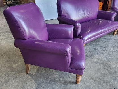 Antique repro leather 2 seat sofa 2 x armchairs wood legs